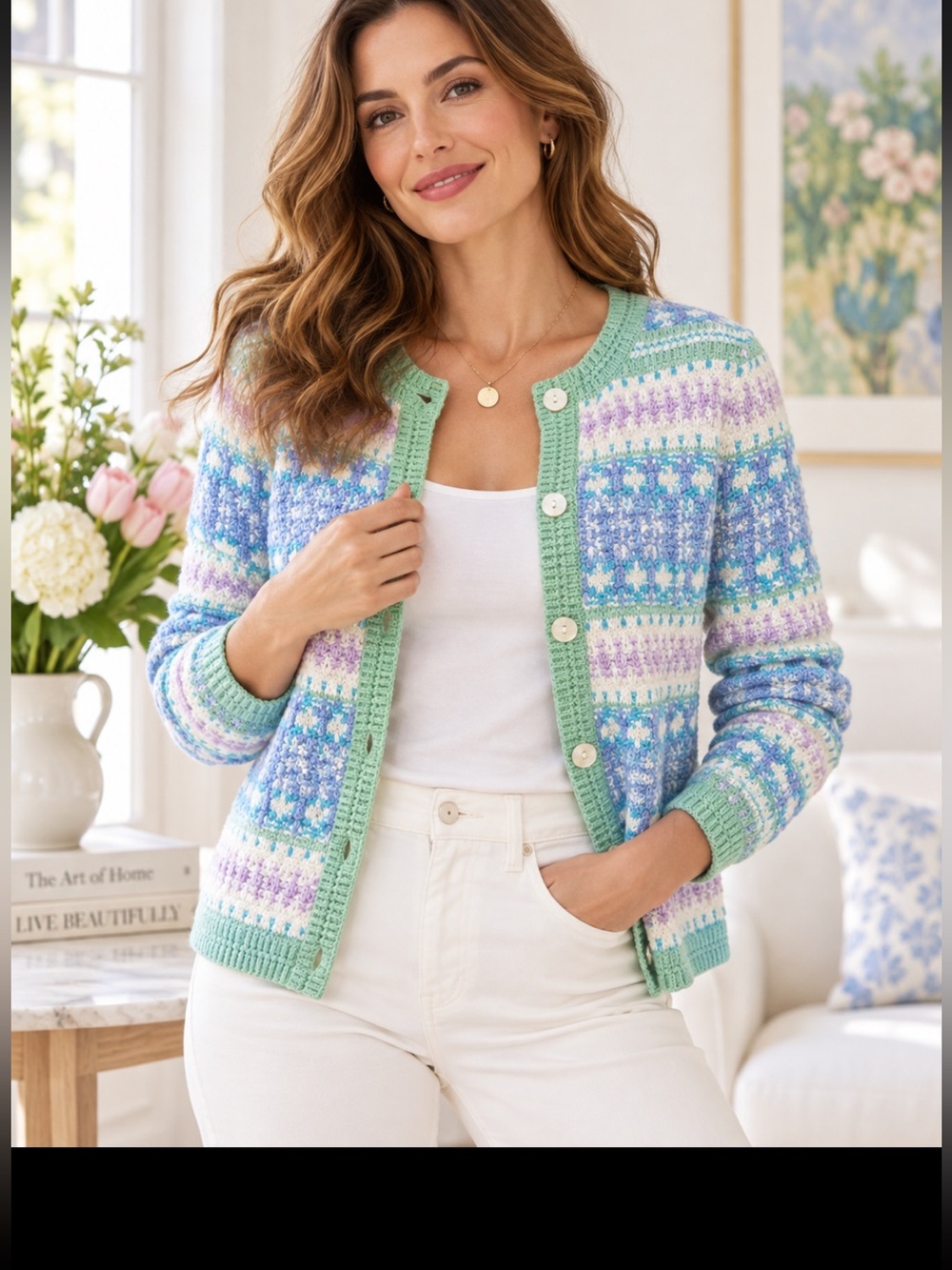 NWT Appleseed's Mint Green Lavender Fair Isle Knit Cardigan Large